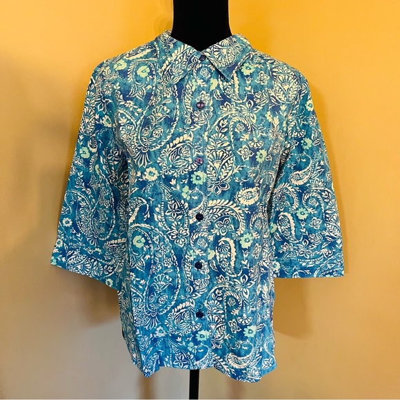 BLAIR Size PM Blue Paisley 3/4 Sleeve Button Down S/S Shirt - Picture 6 of 7
